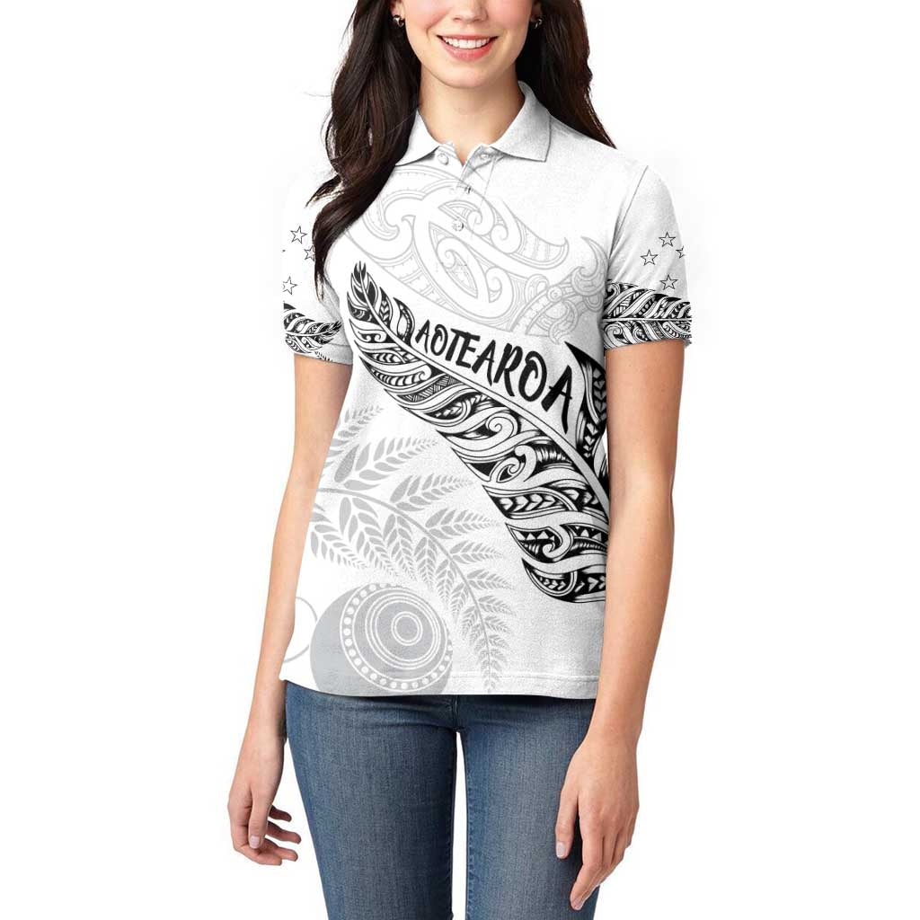 Aotearoa Personalized Lawn Bowls Maori Women Polo Shirt New Zealand White Tribal Silver Fern - Aussie Hoodie