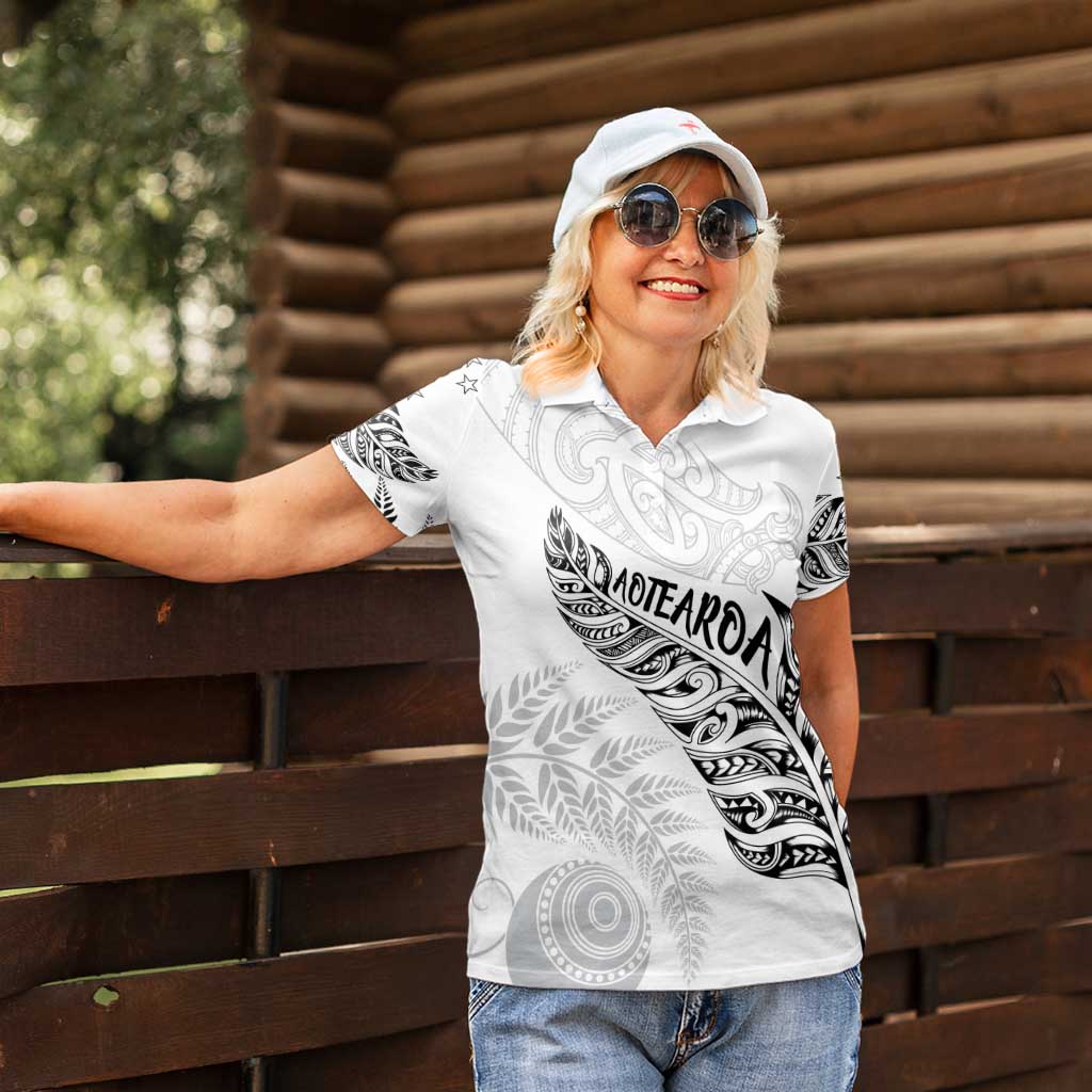 Aotearoa Personalized Lawn Bowls Maori Women Polo Shirt New Zealand White Tribal Silver Fern - Aussie Hoodie