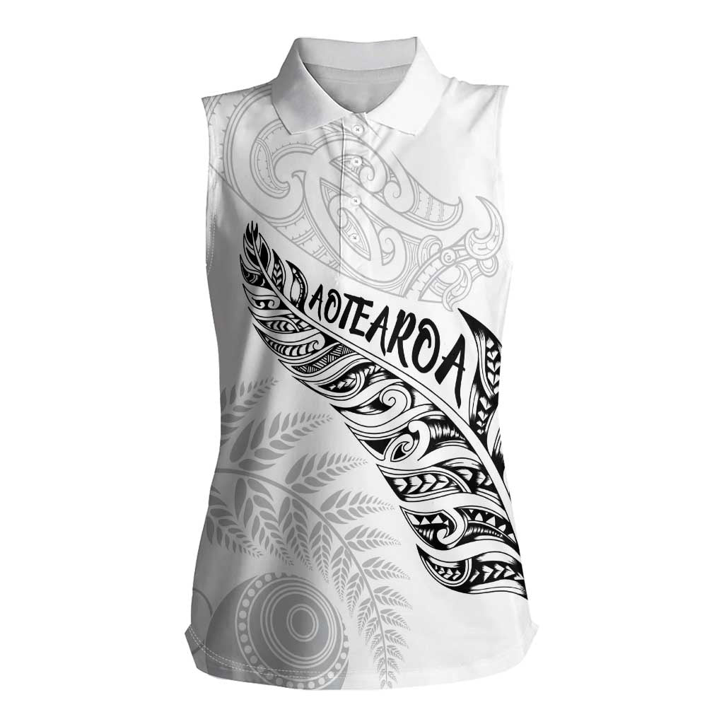 Aotearoa Personalized Lawn Bowls Maori Women Sleeveless Polo Shirt New Zealand White Tribal Silver Fern - Aussie Hoodie
