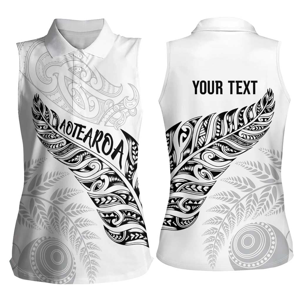 Aotearoa Personalized Lawn Bowls Maori Women Sleeveless Polo Shirt New Zealand White Tribal Silver Fern - Aussie Hoodie