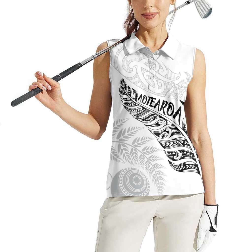 Aotearoa Personalized Lawn Bowls Maori Women Sleeveless Polo Shirt New Zealand White Tribal Silver Fern - Aussie Hoodie