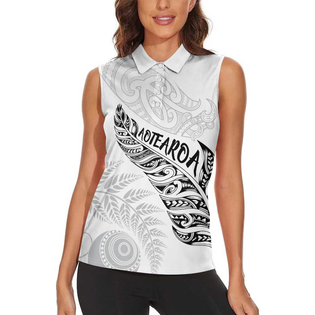 Aotearoa Personalized Lawn Bowls Maori Women Sleeveless Polo Shirt New Zealand White Tribal Silver Fern - Aussie Hoodie