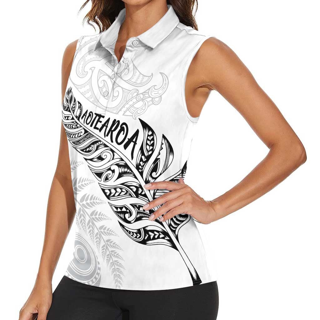 Aotearoa Personalized Lawn Bowls Maori Women Sleeveless Polo Shirt New Zealand White Tribal Silver Fern - Aussie Hoodie