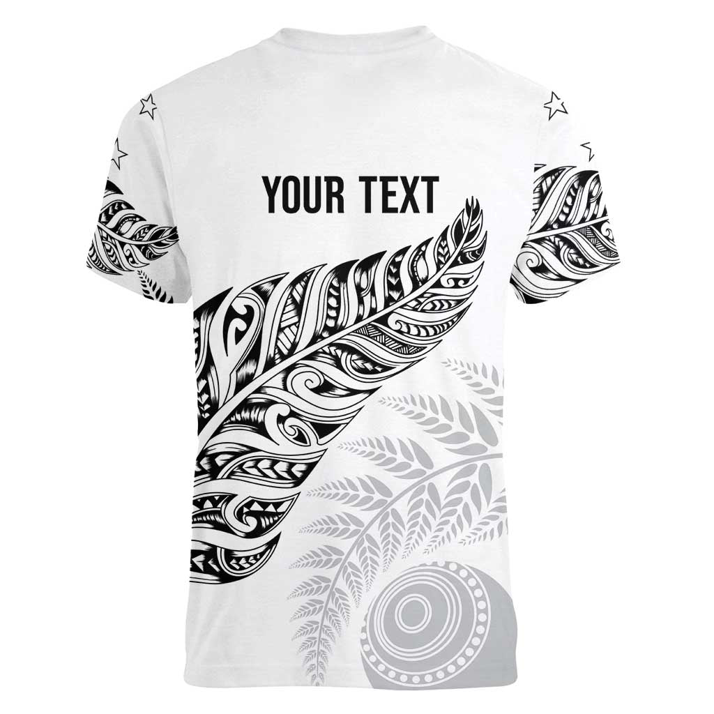 Aotearoa Personalized Lawn Bowls Maori Women V-Neck T-Shirt New Zealand White Tribal Silver Fern - Aussie Hoodie