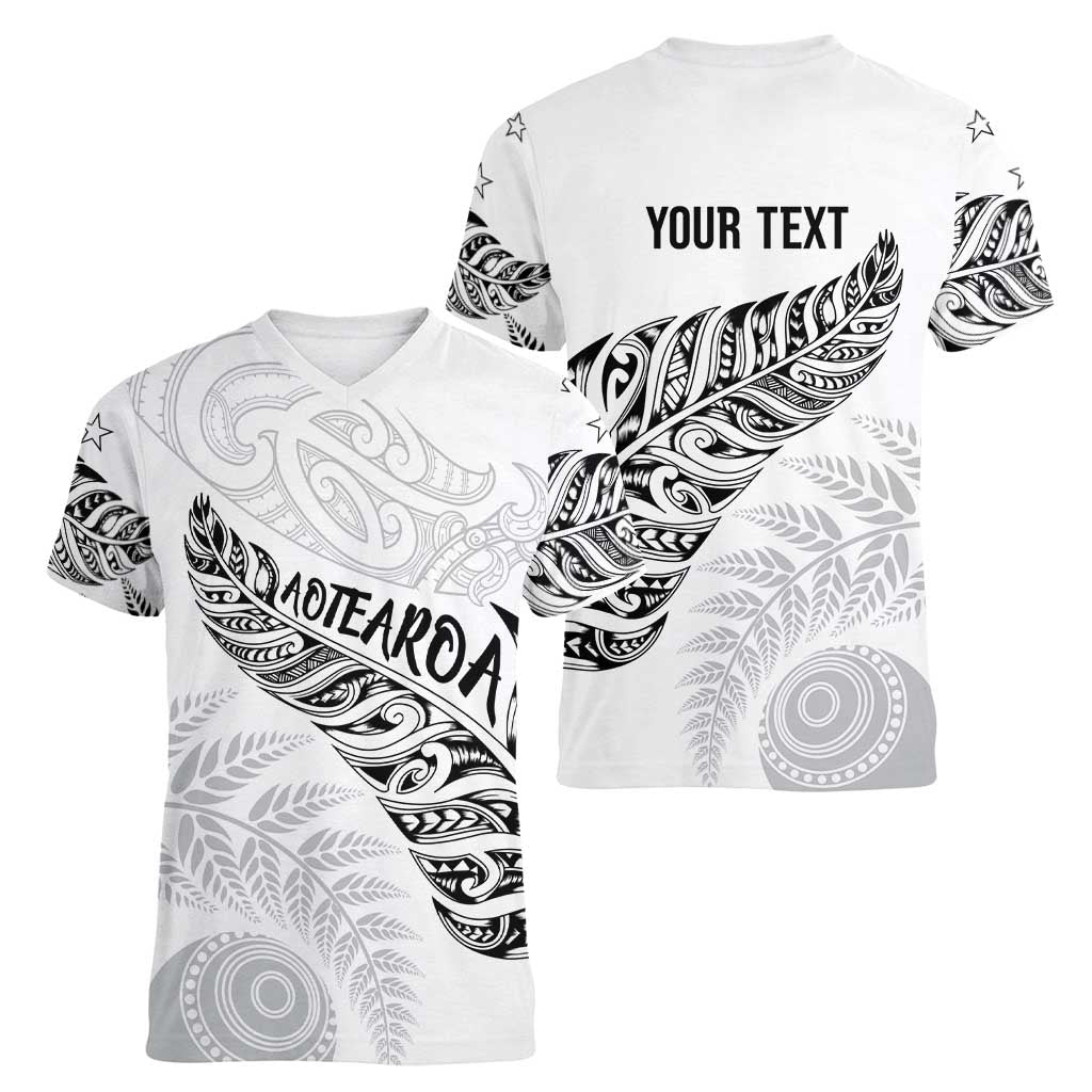 Aotearoa Personalized Lawn Bowls Maori Women V-Neck T-Shirt New Zealand White Tribal Silver Fern - Aussie Hoodie