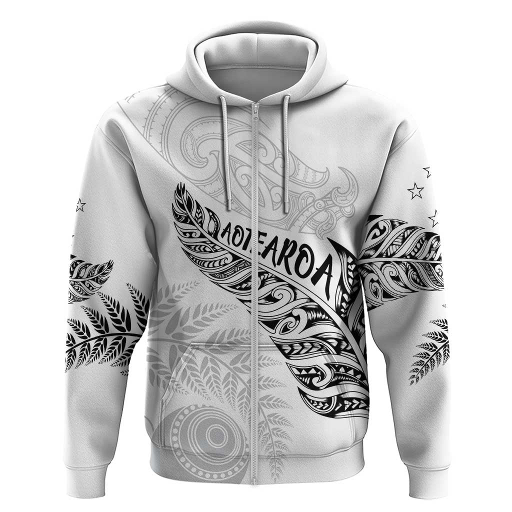 Aotearoa Personalized Lawn Bowls Maori Zip Hoodie New Zealand White Tribal Silver Fern - Aussie Hoodie