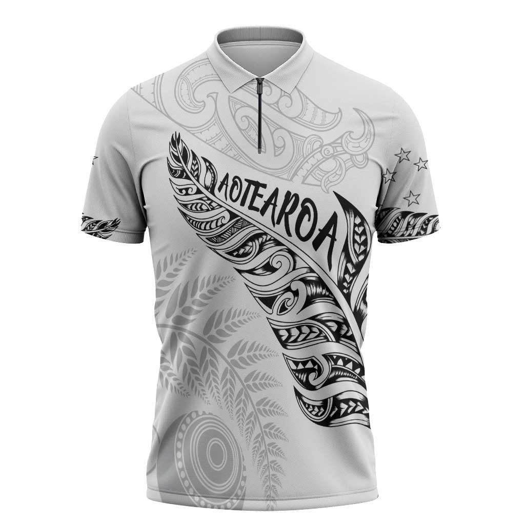 Aotearoa Personalized Lawn Bowls Maori Zipper Polo Shirt New Zealand White Tribal Silver Fern - Aussie Hoodie