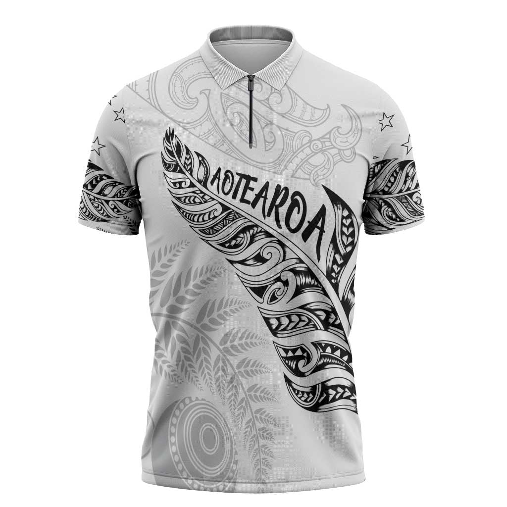 Aotearoa Personalized Lawn Bowls Maori Zipper Polo Shirt New Zealand White Tribal Silver Fern - Aussie Hoodie
