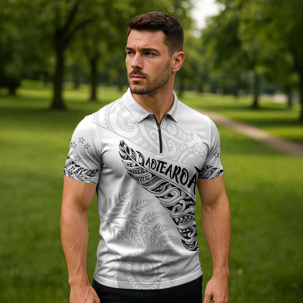 Aotearoa Personalized Lawn Bowls Maori Zipper Polo Shirt New Zealand White Tribal Silver Fern - Aussie Hoodie