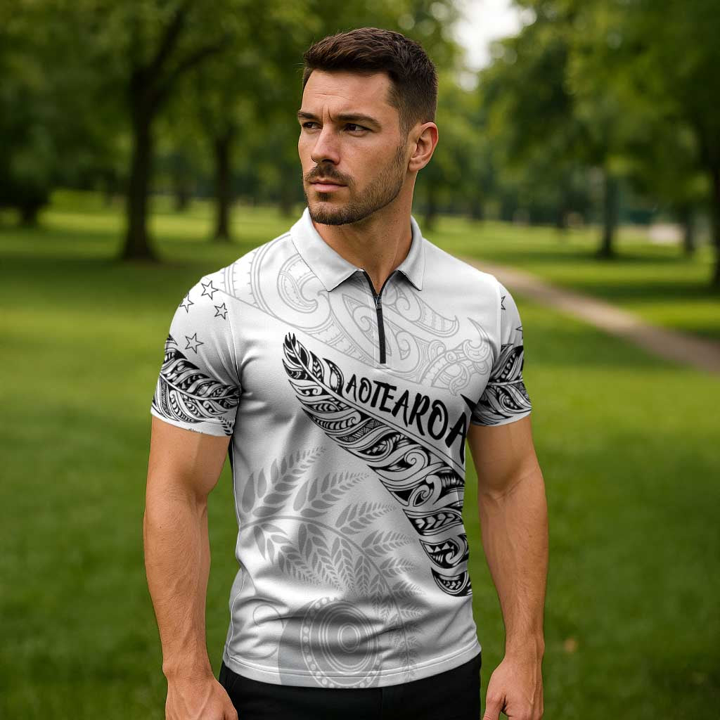 Aotearoa Personalized Lawn Bowls Maori Zipper Polo Shirt New Zealand White Tribal Silver Fern - Aussie Hoodie