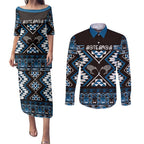 Personalised Taniko Motifs Aotearoa Couples Matching Puletasi and Long Sleeve Button Shirt Waitangi Kowhaiwhai Kiwi - Blue
