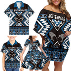 Personalised Taniko Motifs Aotearoa Family Matching Off Shoulder Short Dress and Hawaiian Shirt Waitangi Kowhaiwhai Kiwi - Blue