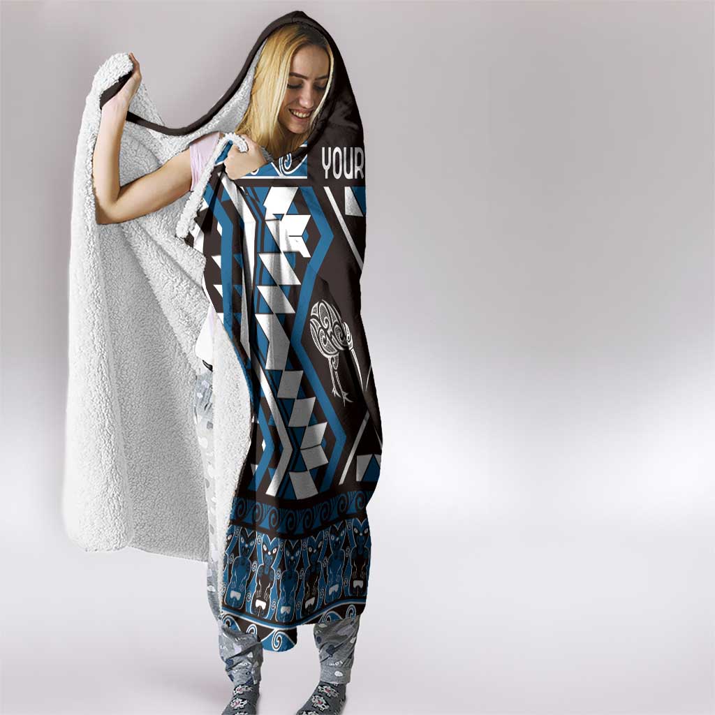 Personalised Taniko Motifs Aotearoa Hooded Blanket Waitangi Kowhaiwhai Kiwi - Blue