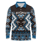 Personalised Taniko Motifs Aotearoa Long Sleeve Polo Shirt Waitangi Kowhaiwhai Kiwi - Blue