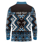 Personalised Taniko Motifs Aotearoa Long Sleeve Polo Shirt Waitangi Kowhaiwhai Kiwi - Blue