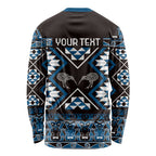 Personalised Taniko Motifs Aotearoa Long Sleeve Shirt Waitangi Kowhaiwhai Kiwi - Blue