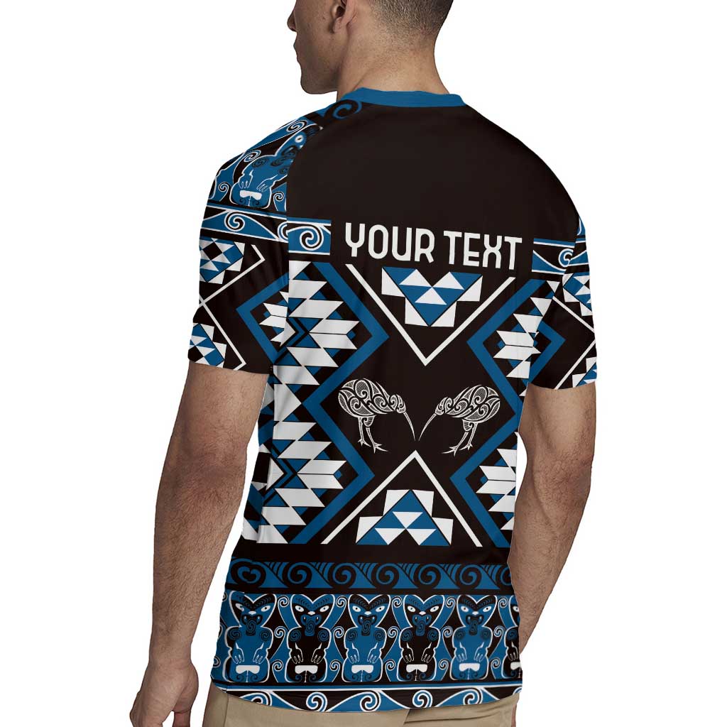 Personalised Taniko Motifs Aotearoa Rugby Jersey Waitangi Kowhaiwhai Kiwi - Blue