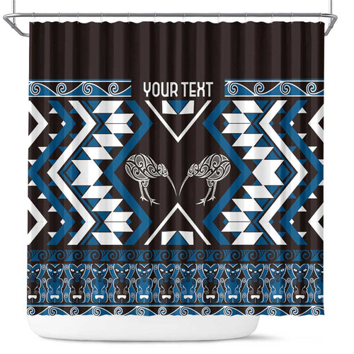 Personalised Taniko Motifs Aotearoa Shower Curtain Waitangi Kowhaiwhai Kiwi - Blue