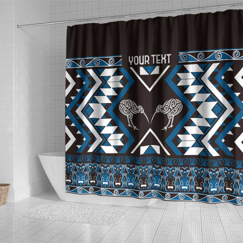 Personalised Taniko Motifs Aotearoa Shower Curtain Waitangi Kowhaiwhai Kiwi - Blue