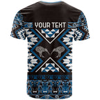 Personalised Taniko Motifs Aotearoa T Shirt Waitangi Kowhaiwhai Kiwi - Blue