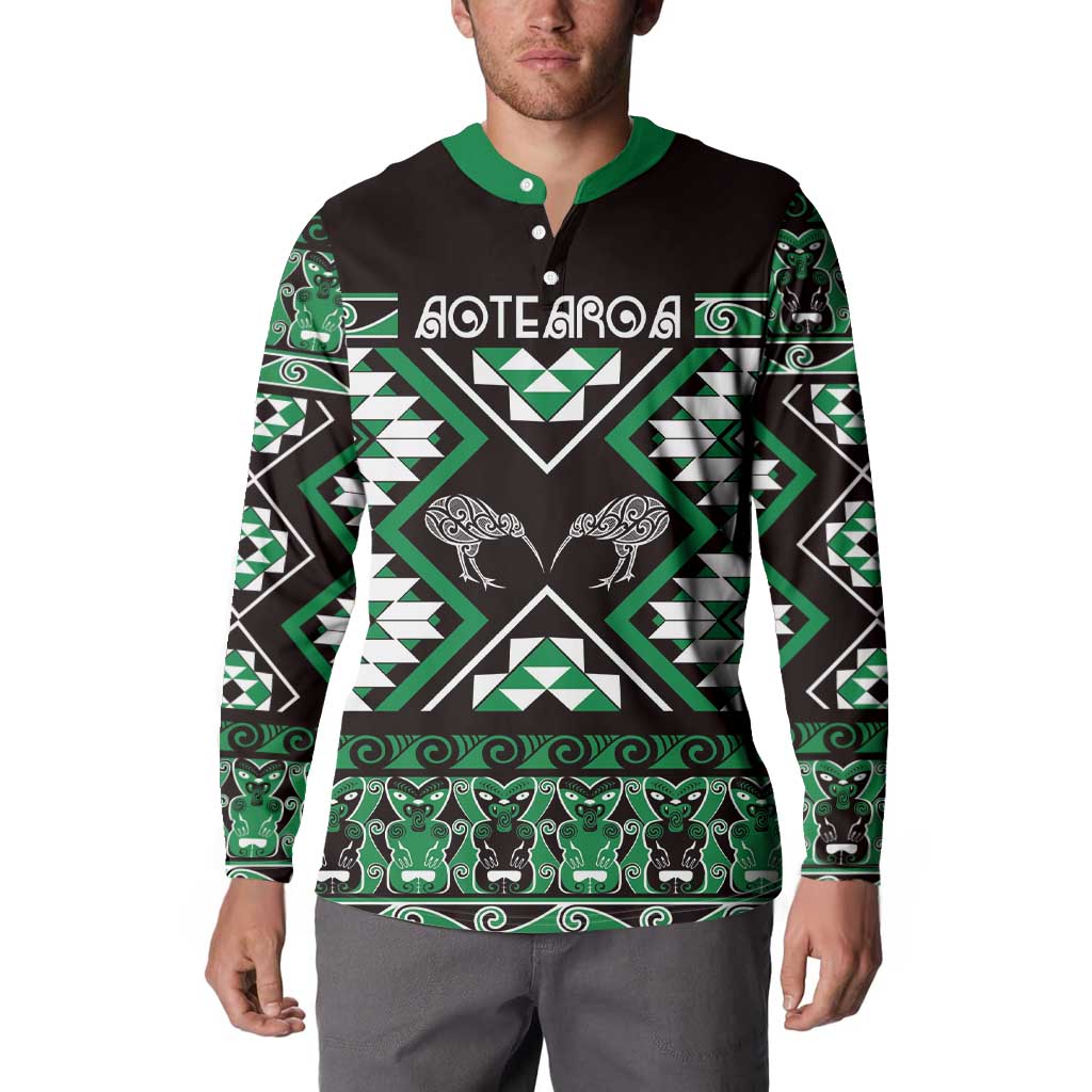 Personalised Taniko Motifs Aotearoa Button Sweatshirt Waitangi Kowhaiwhai Kiwi - Green