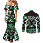 Personalised Taniko Motifs Aotearoa Couples Matching Mermaid Dress and Long Sleeve Button Shirt Waitangi Kowhaiwhai Kiwi - Green