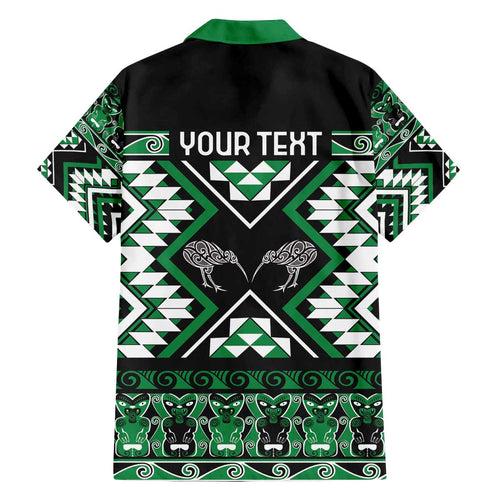 Personalised Taniko Motifs Aotearoa Family Matching Off The Shoulder Long Sleeve Dress and Hawaiian Shirt Waitangi Kowhaiwhai Kiwi - Green