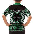 Personalised Taniko Motifs Aotearoa Family Matching Off Shoulder Maxi Dress and Hawaiian Shirt Waitangi Kowhaiwhai Kiwi - Green
