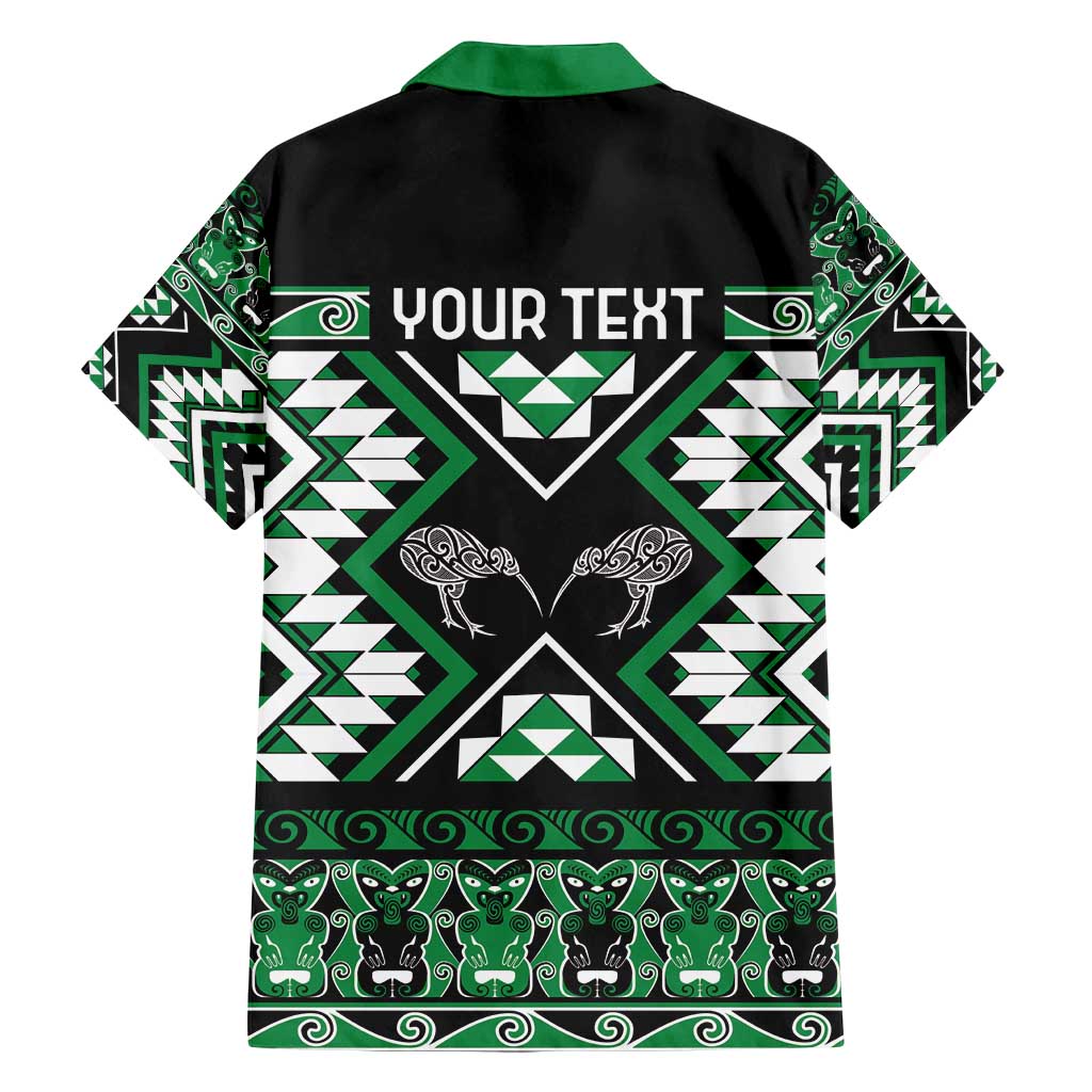 Personalised Taniko Motifs Aotearoa Family Matching Off Shoulder Short Dress and Hawaiian Shirt Waitangi Kowhaiwhai Kiwi - Green