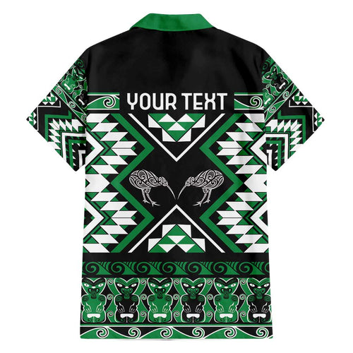 Personalised Taniko Motifs Aotearoa Family Matching Off Shoulder Short Dress and Hawaiian Shirt Waitangi Kowhaiwhai Kiwi - Green