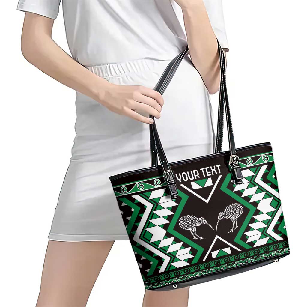 Personalised Taniko Motifs Aotearoa Leather Tote Bag Waitangi Kowhaiwhai Kiwi - Green