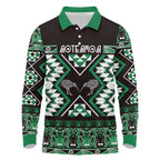 Personalised Taniko Motifs Aotearoa Long Sleeve Polo Shirt Waitangi Kowhaiwhai Kiwi - Green