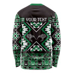 Personalised Taniko Motifs Aotearoa Long Sleeve Shirt Waitangi Kowhaiwhai Kiwi - Green