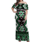 Personalised Taniko Motifs Aotearoa Off Shoulder Maxi Dress Waitangi Kowhaiwhai Kiwi - Green