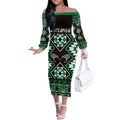 Personalised Taniko Motifs Aotearoa Off The Shoulder Long Sleeve Dress Waitangi Kowhaiwhai Kiwi - Green