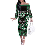 Personalised Taniko Motifs Aotearoa Off The Shoulder Long Sleeve Dress Waitangi Kowhaiwhai Kiwi - Green