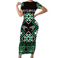 Personalised Taniko Motifs Aotearoa Short Sleeve Bodycon Dress Waitangi Kowhaiwhai Kiwi - Green