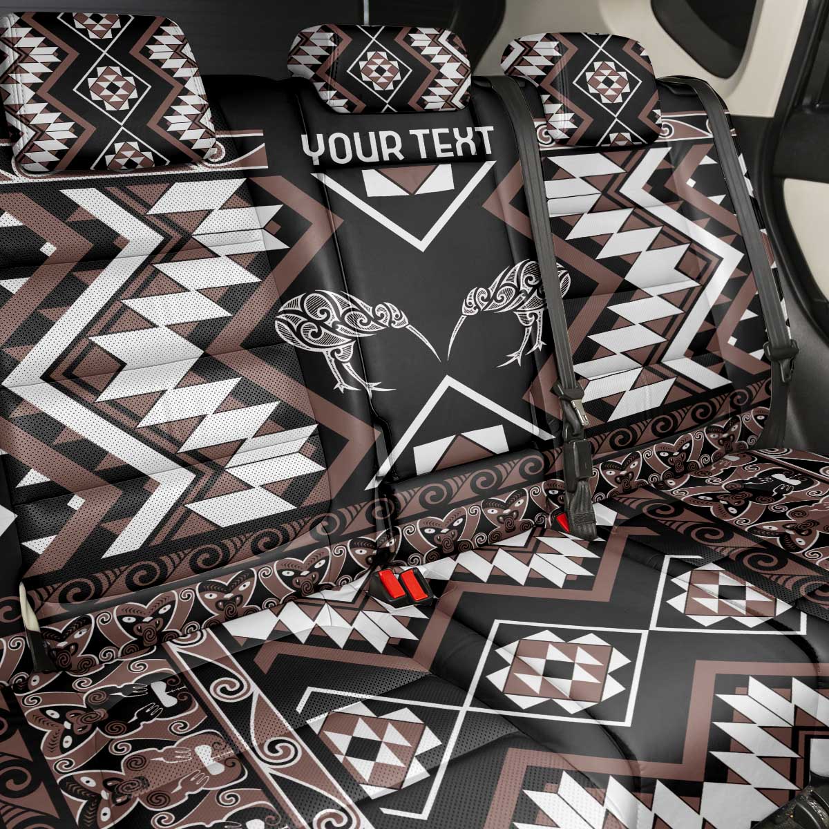 Personalised Taniko Motifs Aotearoa Back Car Seat Cover Waitangi Kowhaiwhai Kiwi - Mocha