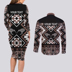 Personalised Taniko Motifs Aotearoa Couples Matching Long Sleeve Bodycon Dress and Long Sleeve Button Shirt Waitangi Kowhaiwhai Kiwi - Mocha