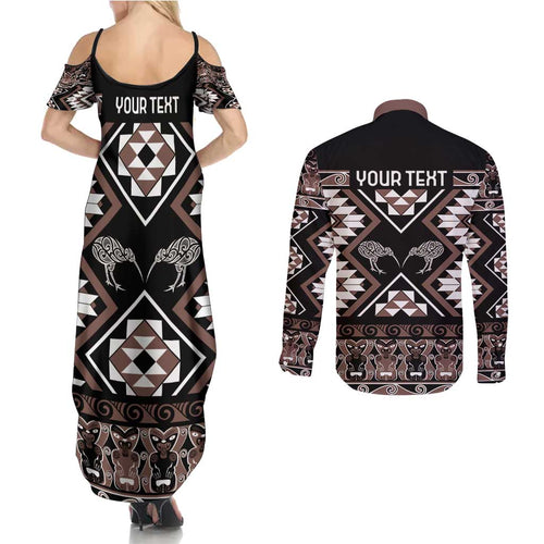 Personalised Taniko Motifs Aotearoa Couples Matching Summer Maxi Dress and Long Sleeve Button Shirt Waitangi Kowhaiwhai Kiwi - Mocha