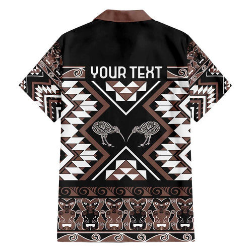 Personalised Taniko Motifs Aotearoa Family Matching Off The Shoulder Long Sleeve Dress and Hawaiian Shirt Waitangi Kowhaiwhai Kiwi - Mocha