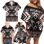 Personalised Taniko Motifs Aotearoa Family Matching Off Shoulder Short Dress and Hawaiian Shirt Waitangi Kowhaiwhai Kiwi - Mocha