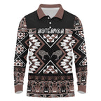 Personalised Taniko Motifs Aotearoa Long Sleeve Polo Shirt Waitangi Kowhaiwhai Kiwi - Mocha