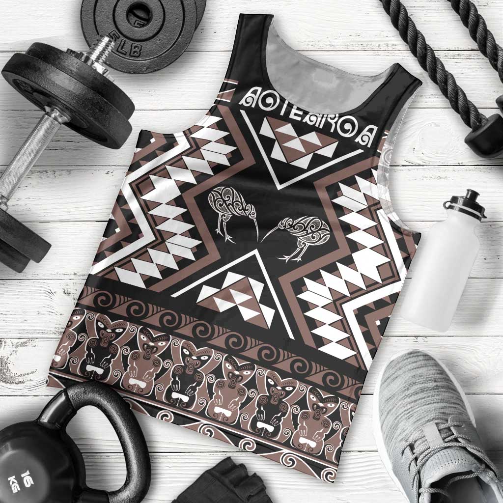 Personalised Taniko Motifs Aotearoa Men Tank Top Waitangi Kowhaiwhai Kiwi - Mocha