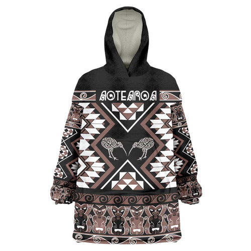 Personalised Taniko Motifs Aotearoa Wearable Blanket Hoodie Waitangi Kowhaiwhai Kiwi - Mocha