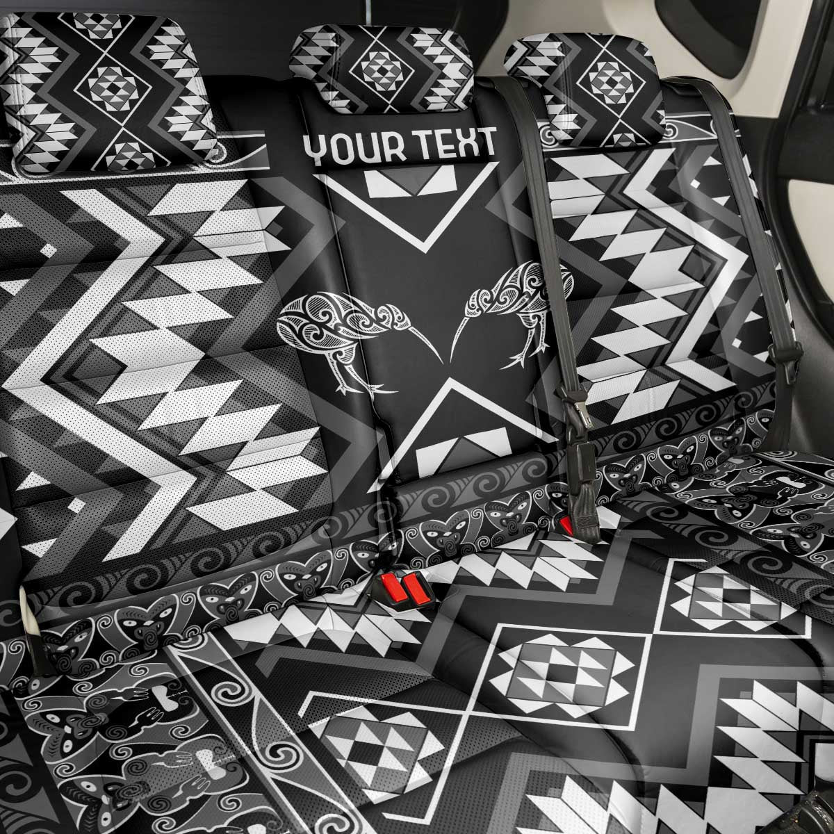 Personalised Taniko Motifs Aotearoa Back Car Seat Cover Waitangi Kowhaiwhai Kiwi - Monochrome