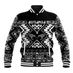 Personalised Taniko Motifs Aotearoa Baseball Jacket Waitangi Kowhaiwhai Kiwi - Monochrome