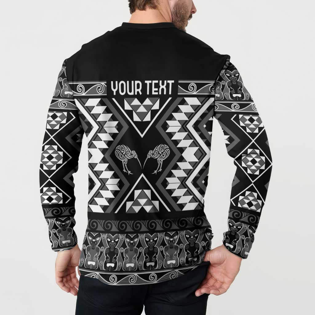 Personalised Taniko Motifs Aotearoa Button Sweatshirt Waitangi Kowhaiwhai Kiwi - Monochrome