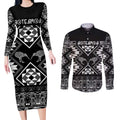 Personalised Taniko Motifs Aotearoa Couples Matching Long Sleeve Bodycon Dress and Long Sleeve Button Shirt Waitangi Kowhaiwhai Kiwi - Monochrome