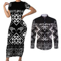 Personalised Taniko Motifs Aotearoa Couples Matching Short Sleeve Bodycon Dress and Long Sleeve Button Shirt Waitangi Kowhaiwhai Kiwi - Monochrome